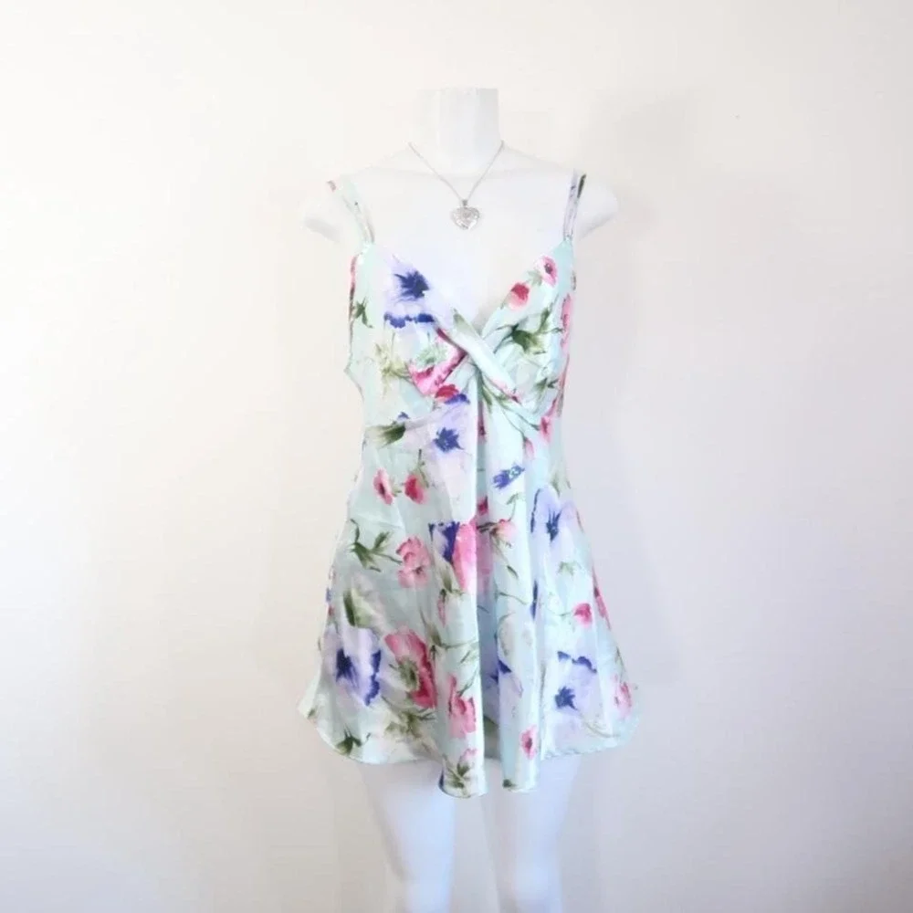 y2k BABYDOLL mint floral silky slip dress - Picture 5 of 6